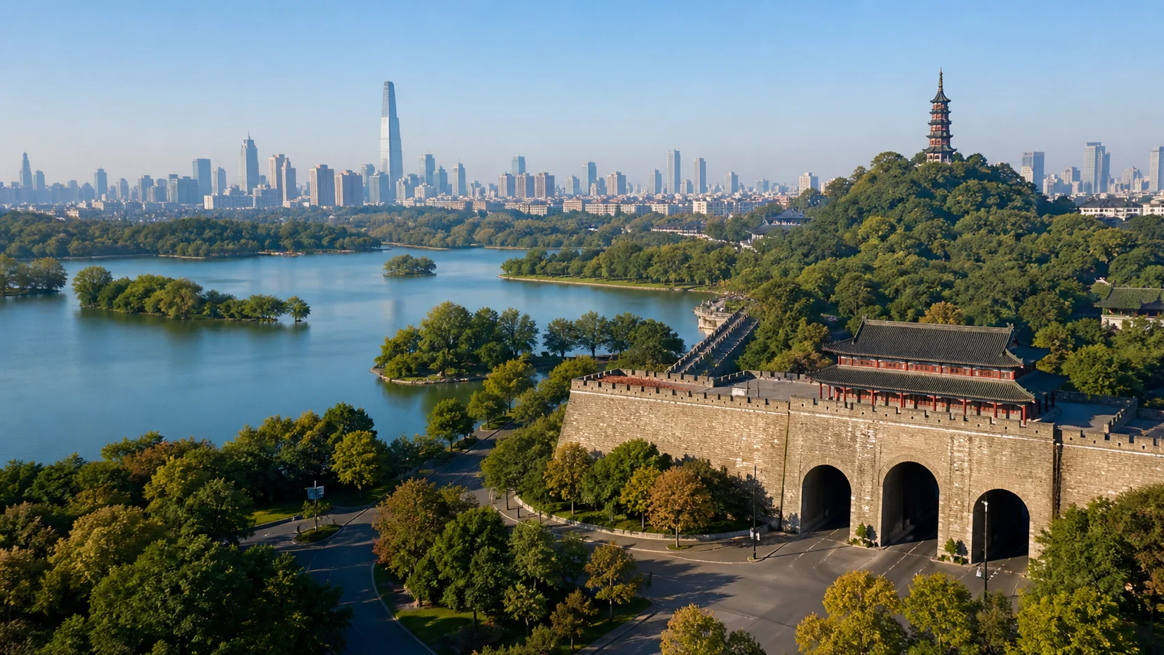 南京玄武湖与南京城墙城市地标实景图